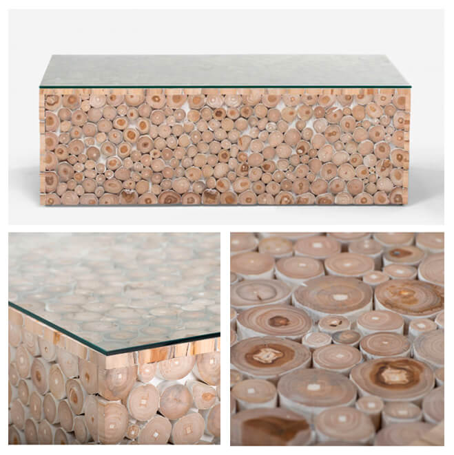 Three images of rectangular coffee table made of wooden teak rounds and a glass top